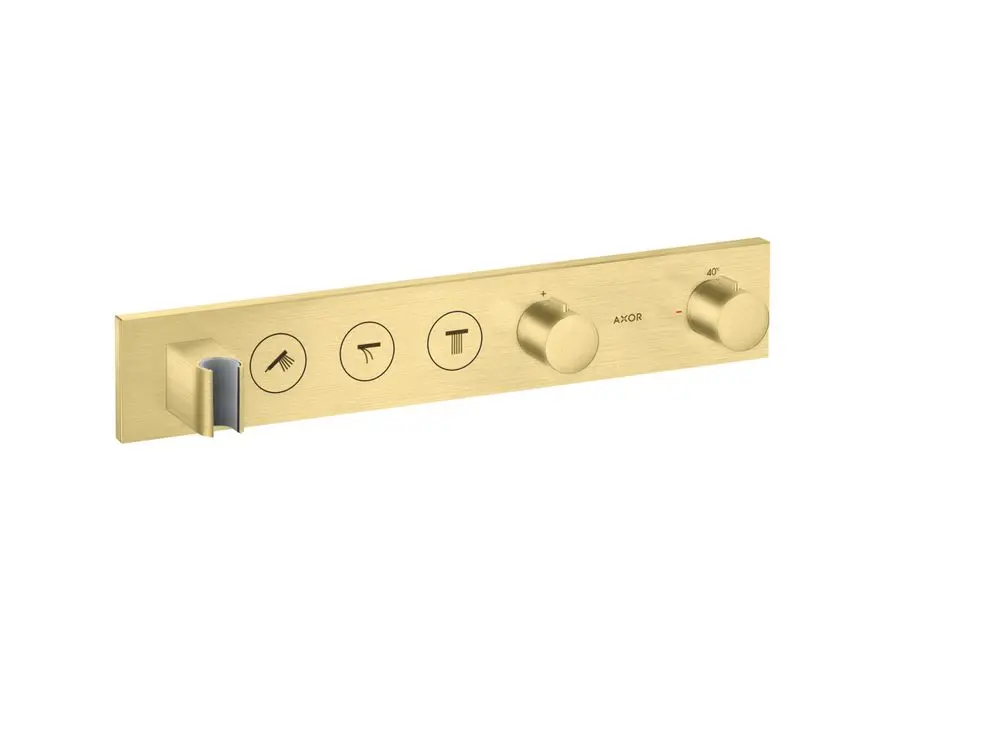 Thermostatmodul mit zwei Drehknöpfen zur Temperatur- und Mengenregulierung sowie drei Symbols für verschiedene Wasserverbraucher, gefertigt von AXOR in gebürstetem Messing.
